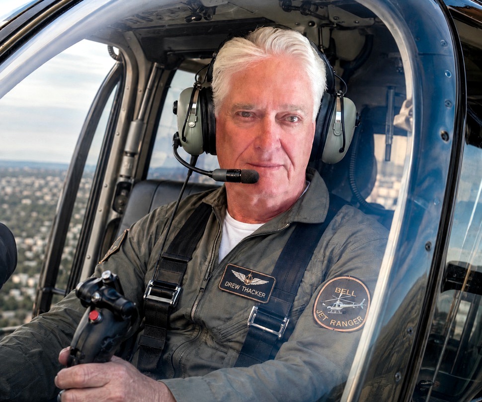 Drew Thacker flying a Bell JetRanger helicopter