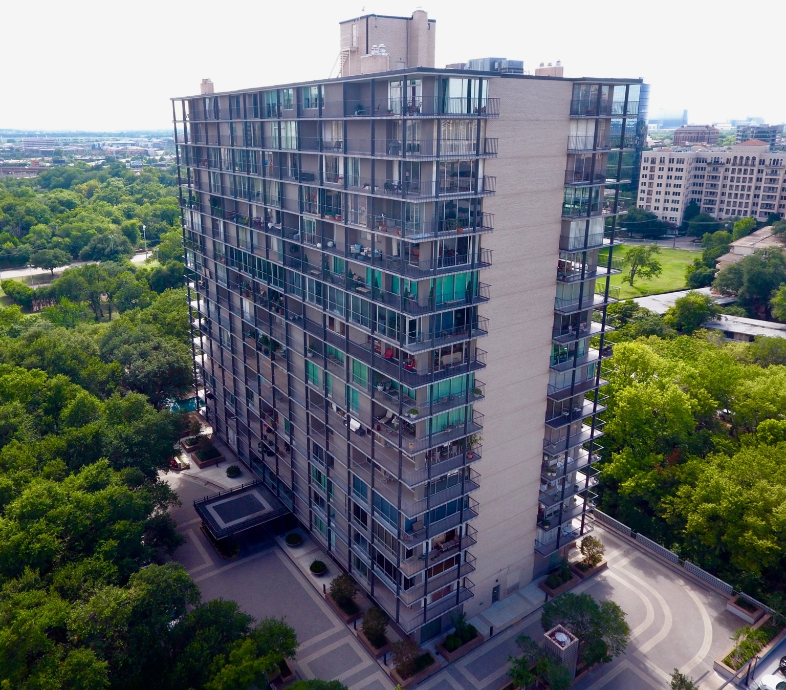 Elevated view of a high-rise building and its exterior