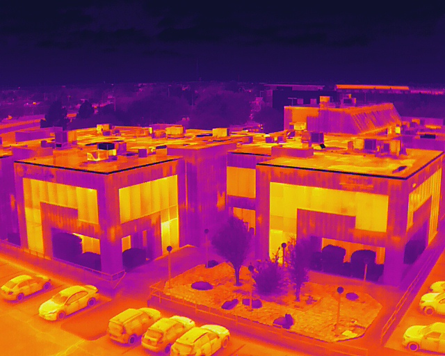 Infrared aerial view of the same recognizable commercial building