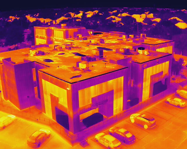 Commercial building viewed through aerial infrared thermography