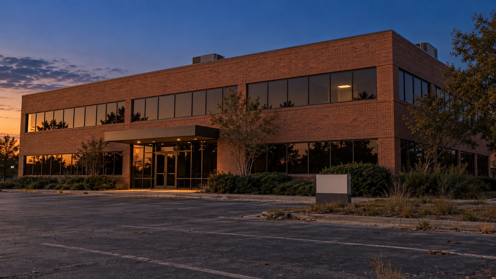 A two-story brick medical office building with bronze window walls at dusk, its parking lot empty and windows dark.