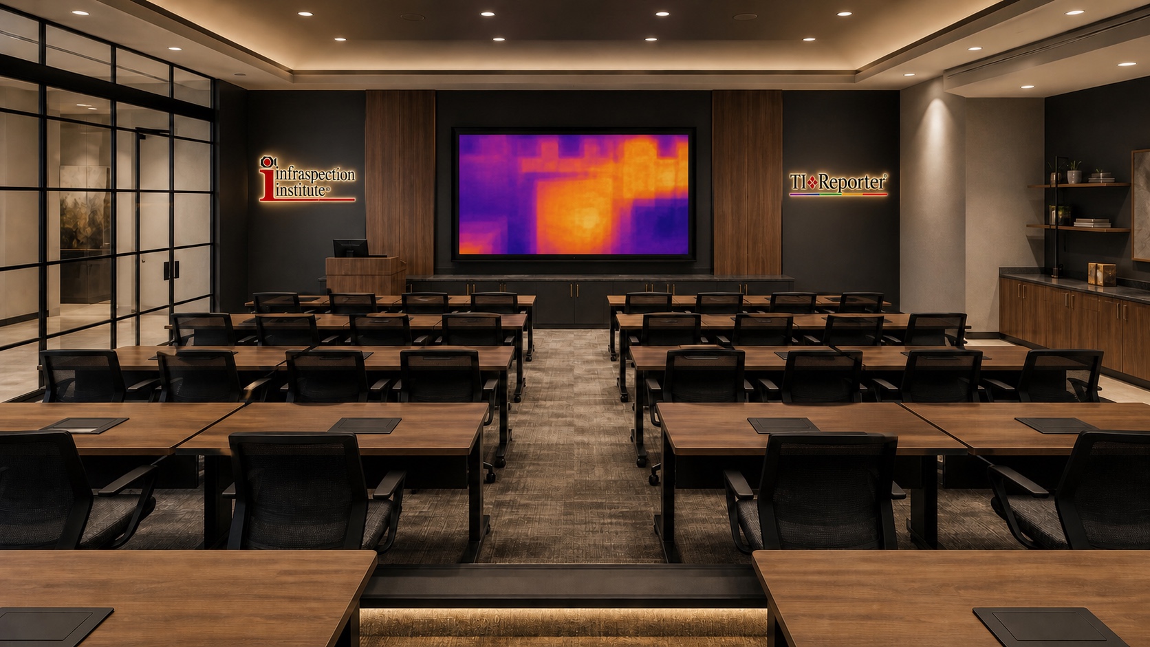 DFW ASTM Pros Professional Education Center with halo-lit Infraspection Institute and TI Reporter logos