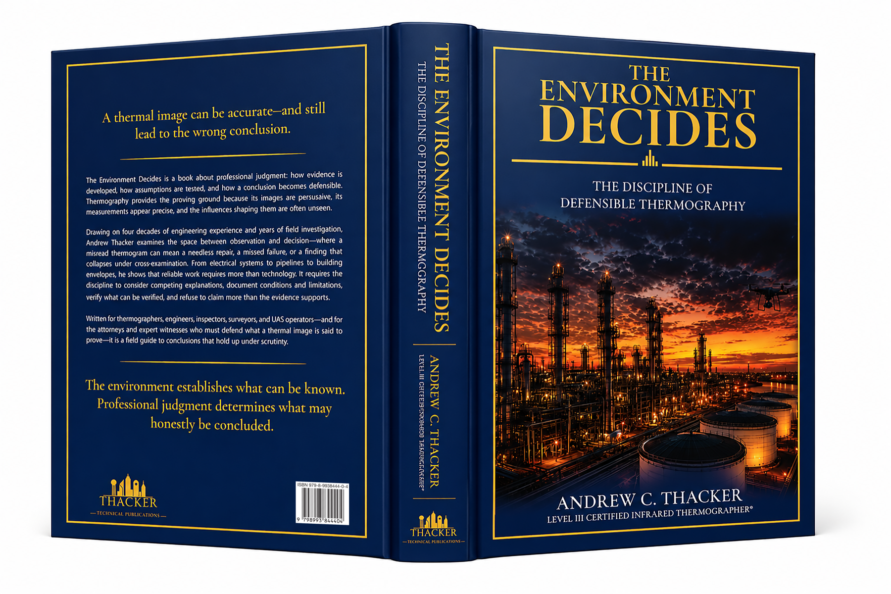 Three-dimensional hardcover mockup of The Environment Decides by Andrew C. Thacker